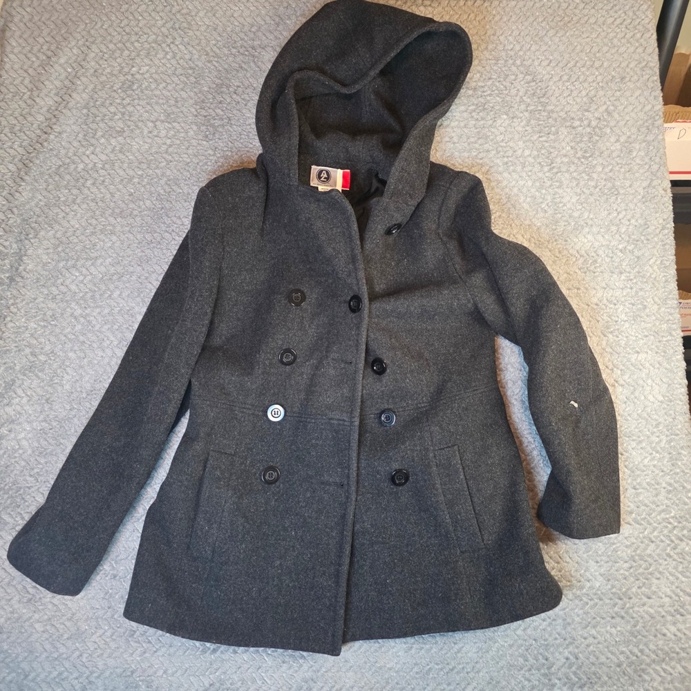 Arizona Jean Co Womens Charcoal Gray 100% Wool Hooded Pea Coat Jacket Medium